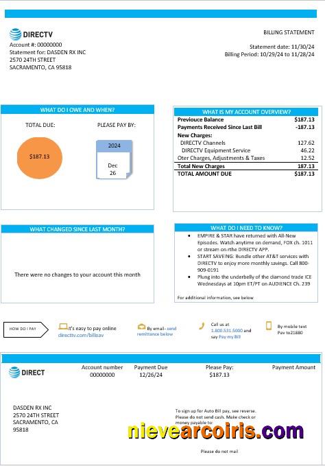 USA California Directv business utility bill, good for address prove